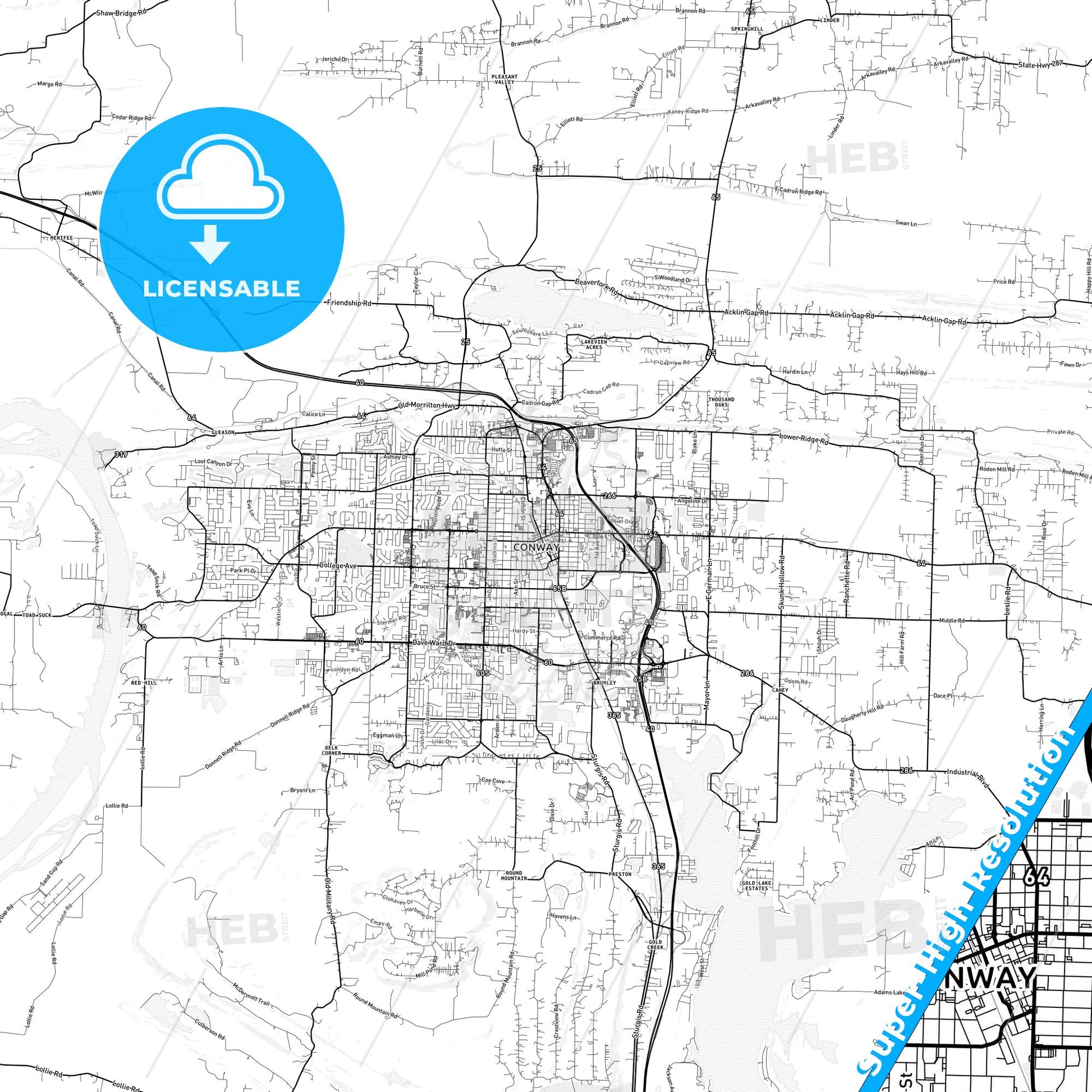 Conway, Arkansas light map with streetnames, citynames and districts