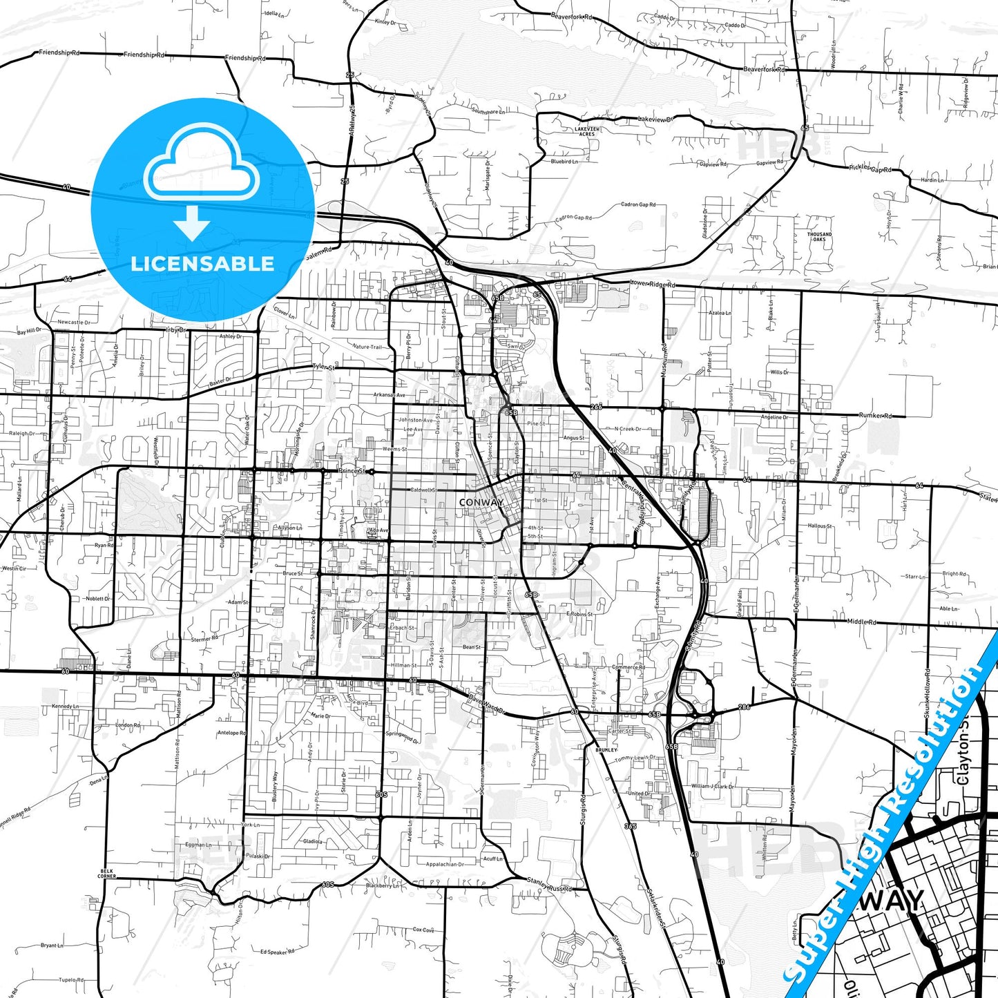 Conway, Arkansas Light Map with Street Names, City Names, and Districts