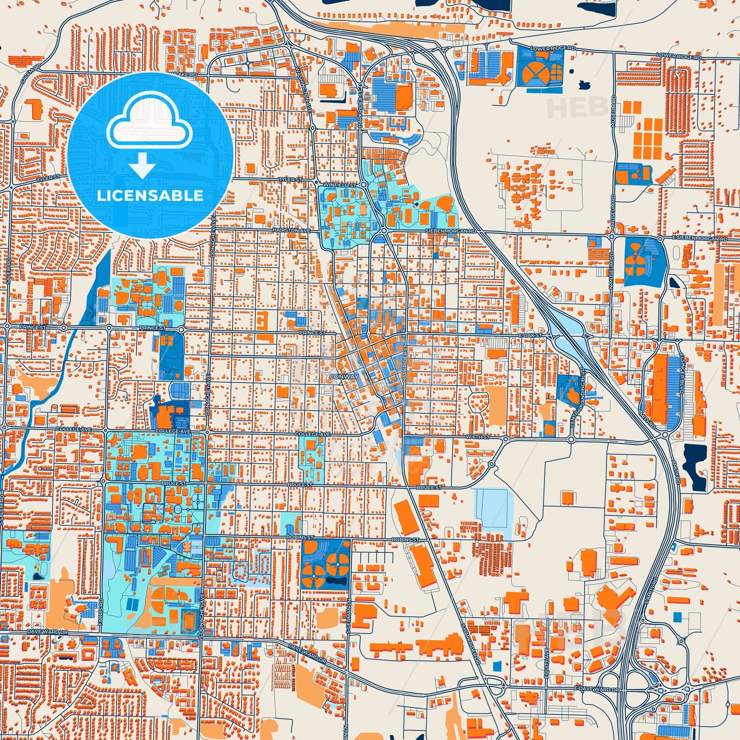 Colorful Conway Street Map with Labels and Buildings