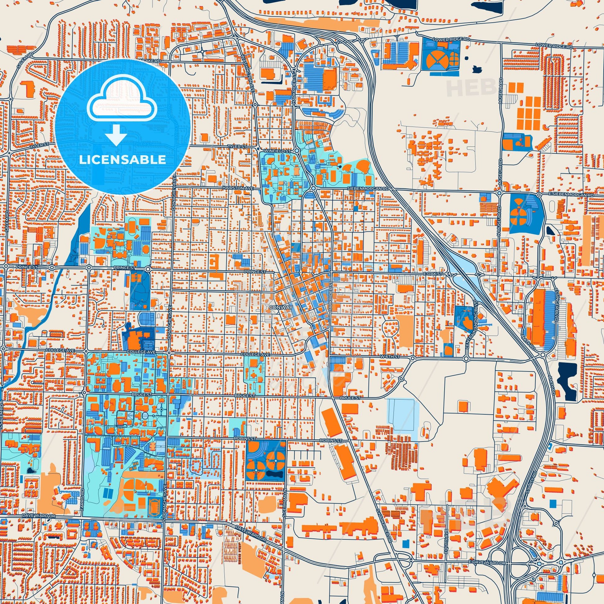 Colorful Conway Street Map with Labels and Buildings