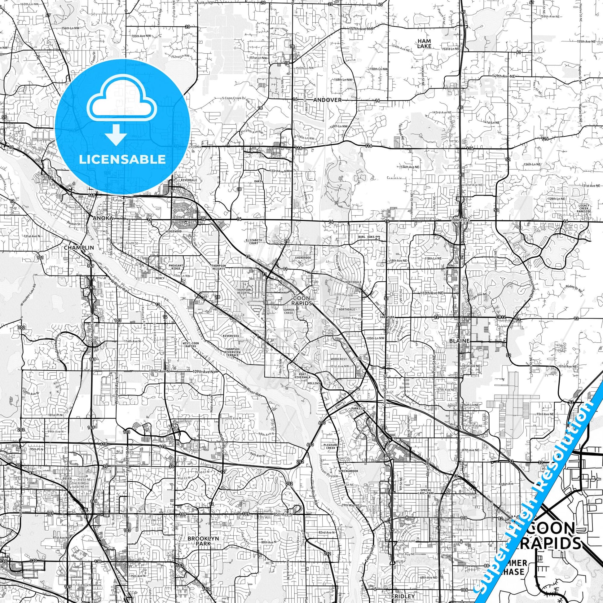 Coon Rapids, Minnesota light map with streetnames, citynames and districts