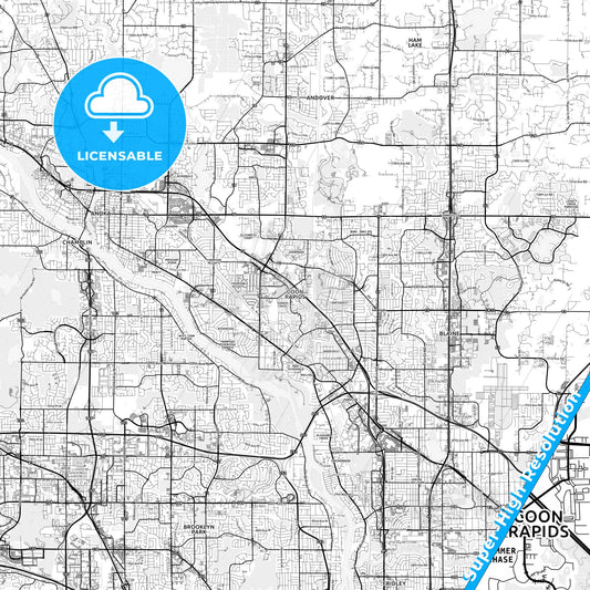 Coon Rapids, Minnesota light map with streetnames, citynames and districts
