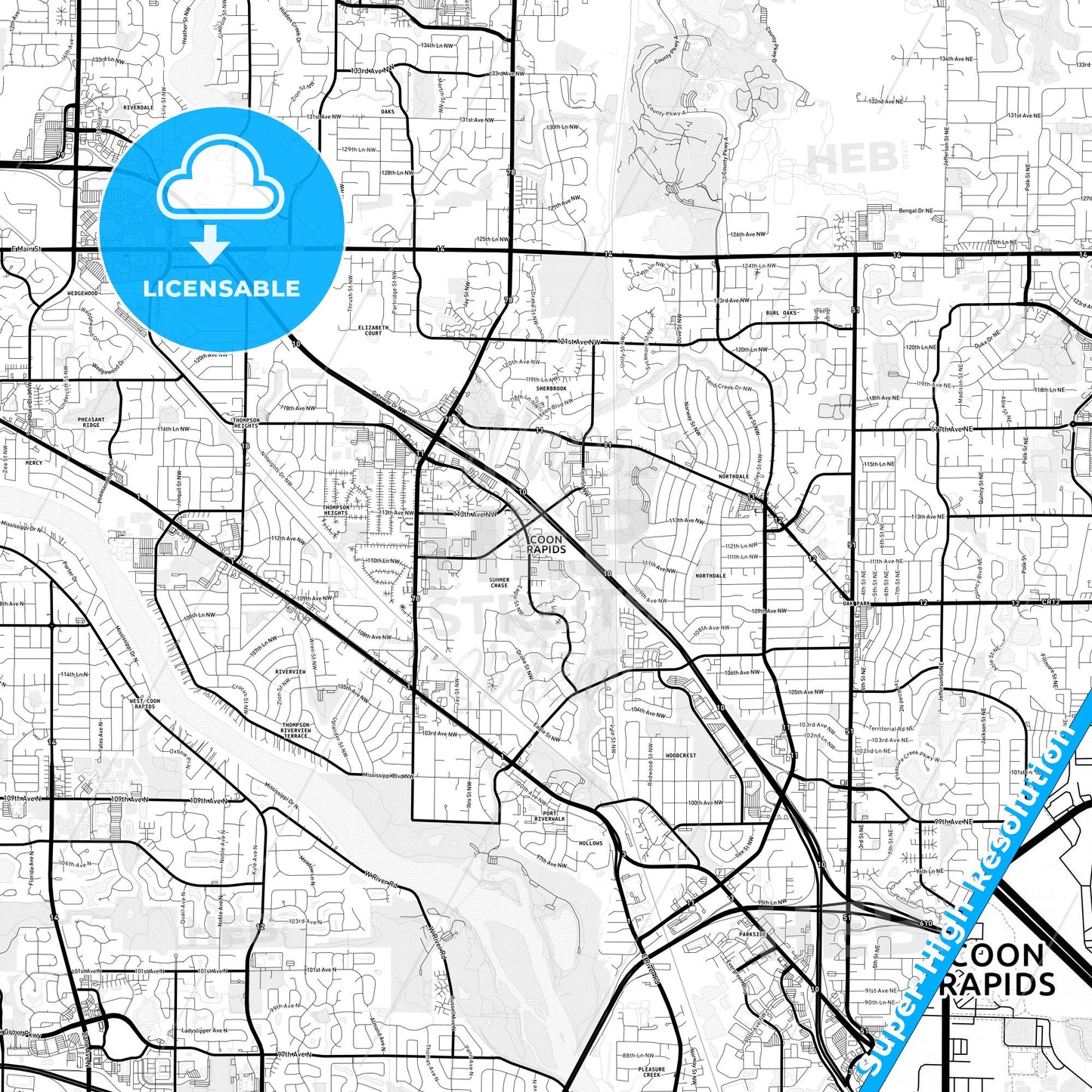 Coon Rapids, Minnesota Light Map with Street Names, City Names, and Districts