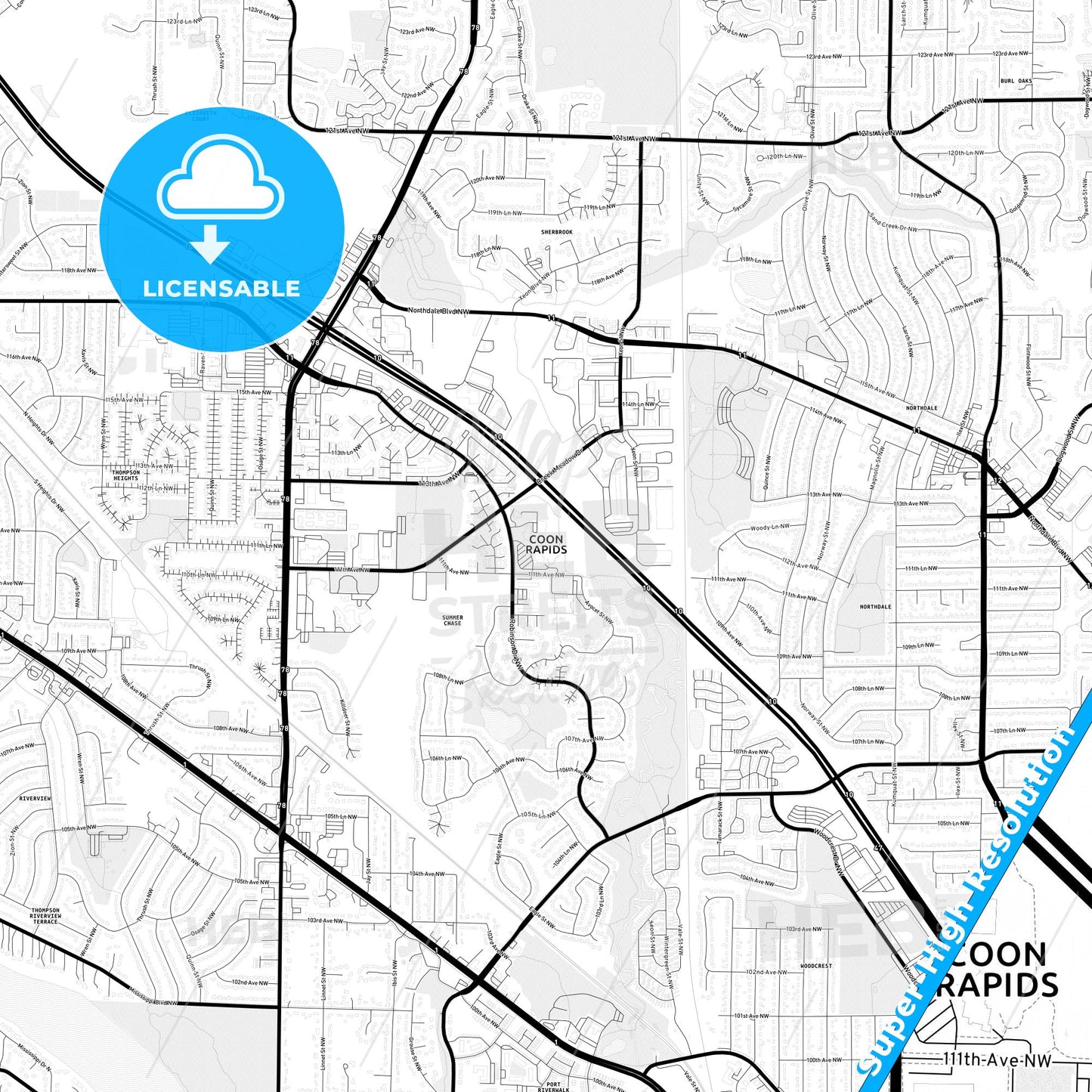 Coon Rapids, Minnesota Light Map with Street Names, City Names, and Districts