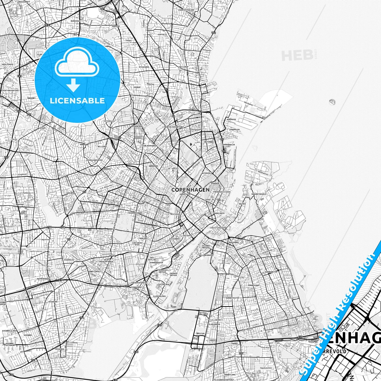 Copenhagen, Denmark light map with streetnames, citynames and districts