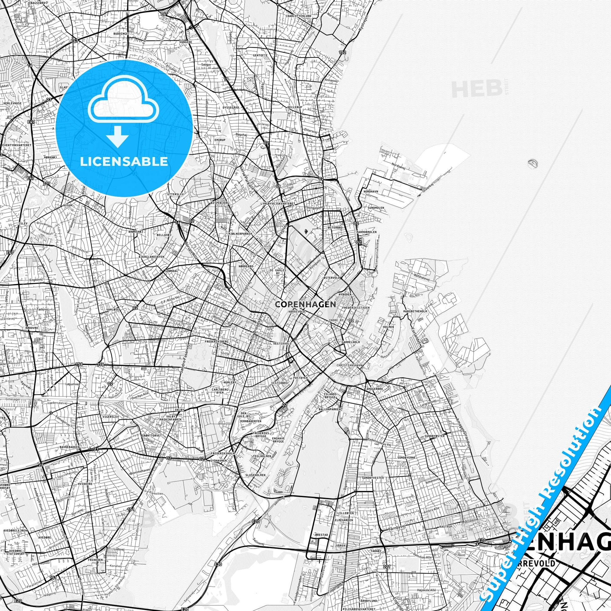 Copenhagen, Denmark light map with streetnames, citynames and districts