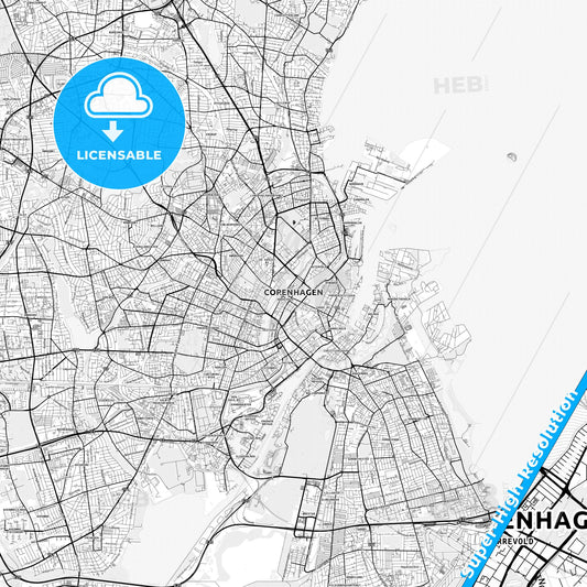 Copenhagen, Denmark light map with streetnames, citynames and districts