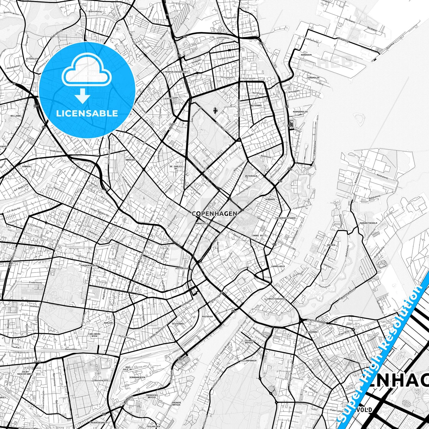 Copenhagen, Denmark Light Map with Street Names, City Names, and Districts