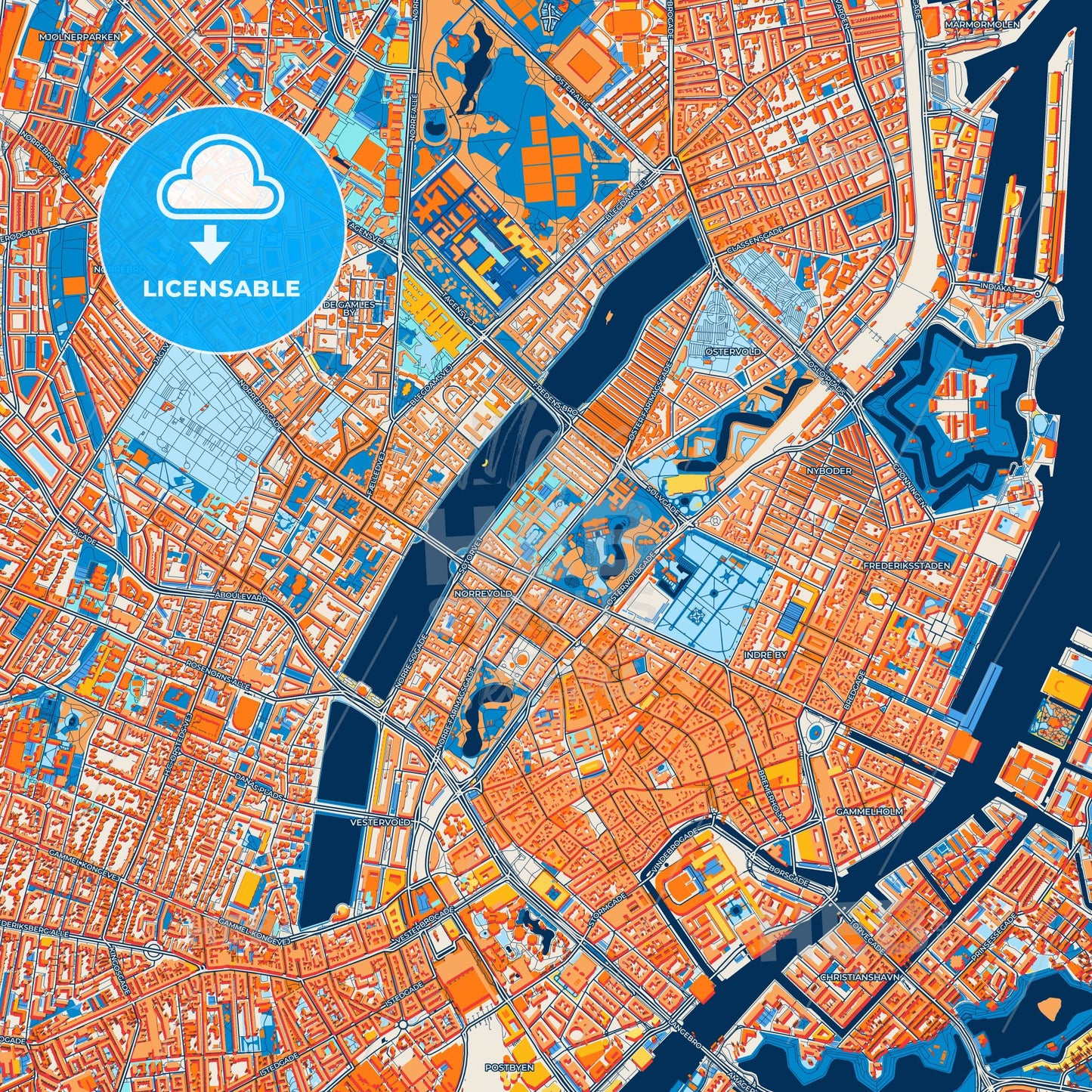 Colorful Copenhagen Street Map with Labels and Buildings