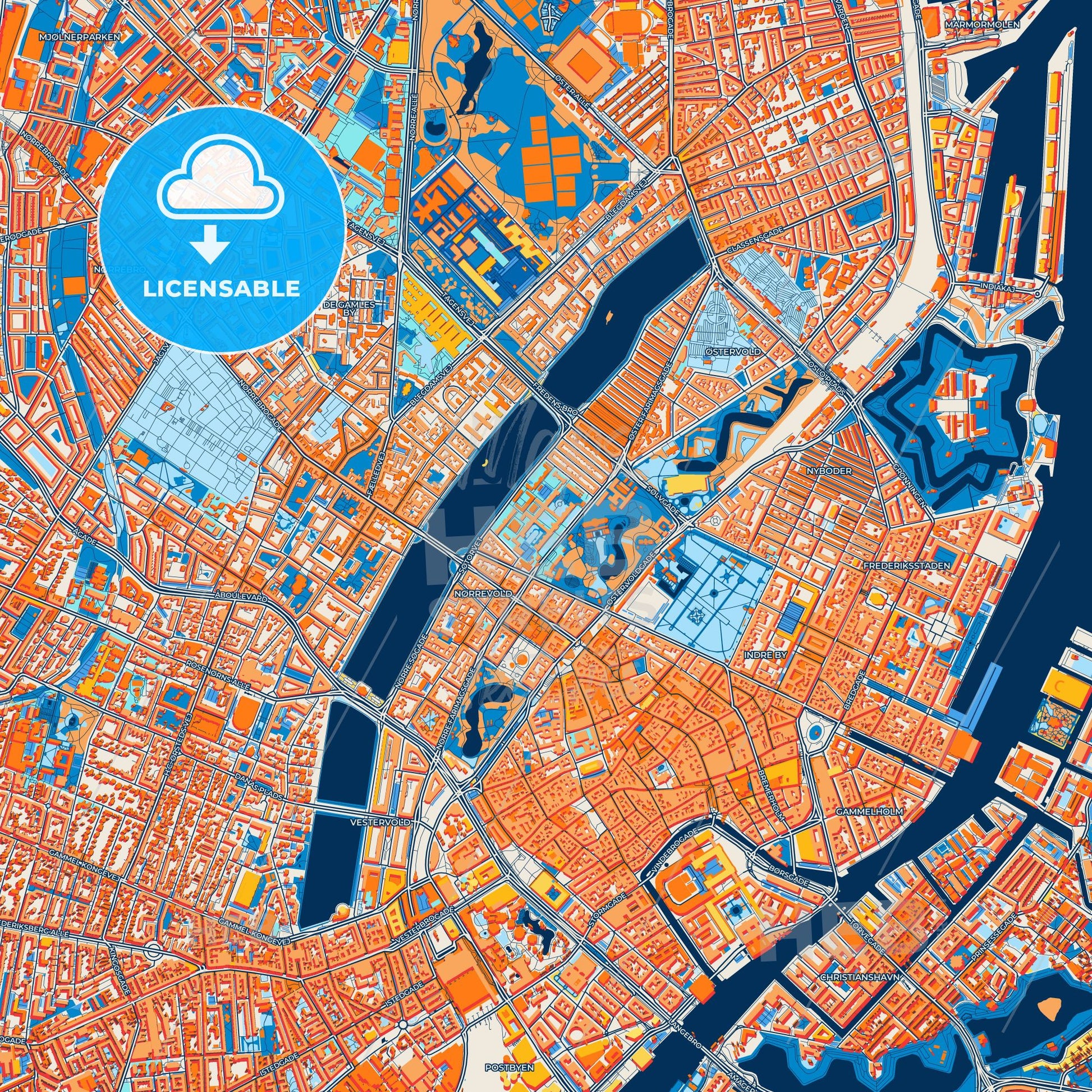 Colorful Copenhagen Street Map with Labels and Buildings