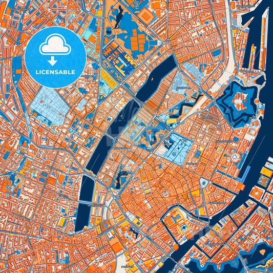 Colorful Copenhagen Street Map with Labels and Buildings