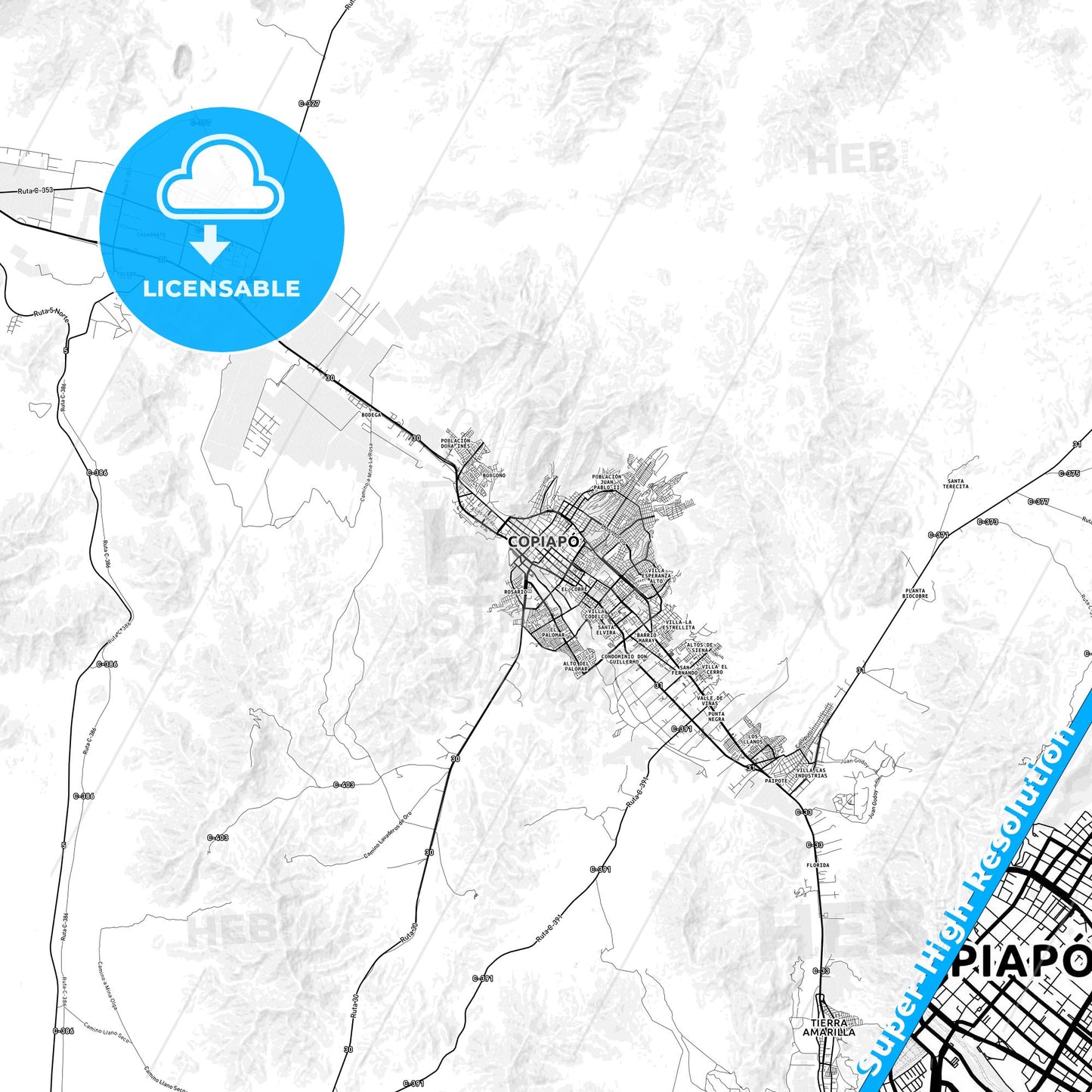 Copiapo, Chile light map with streetnames, citynames and districts
