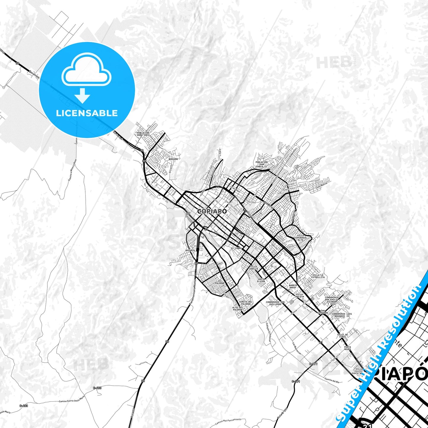 Copiapo, Chile Light Map with Street Names, City Names, and Districts