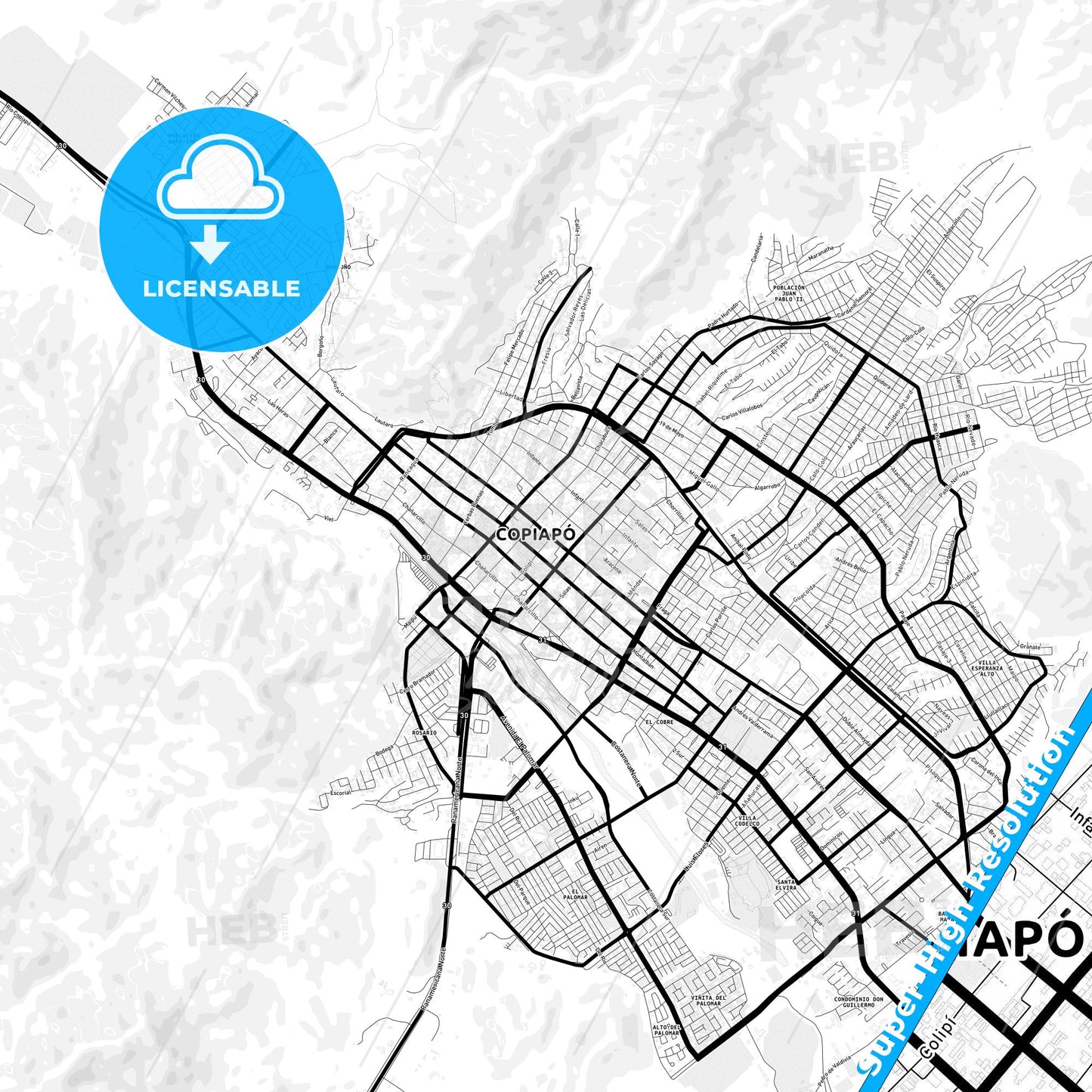 Copiapo, Chile Light Map with Street Names, City Names, and Districts
