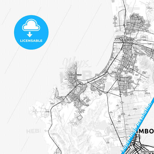 Coquimbo, Chile light map with streetnames, citynames and districts