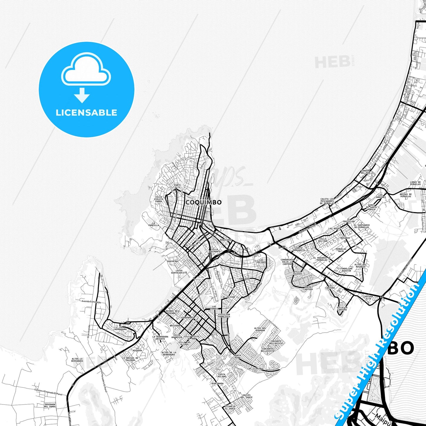 Coquimbo, Chile Light Map with Street Names, City Names, and Districts