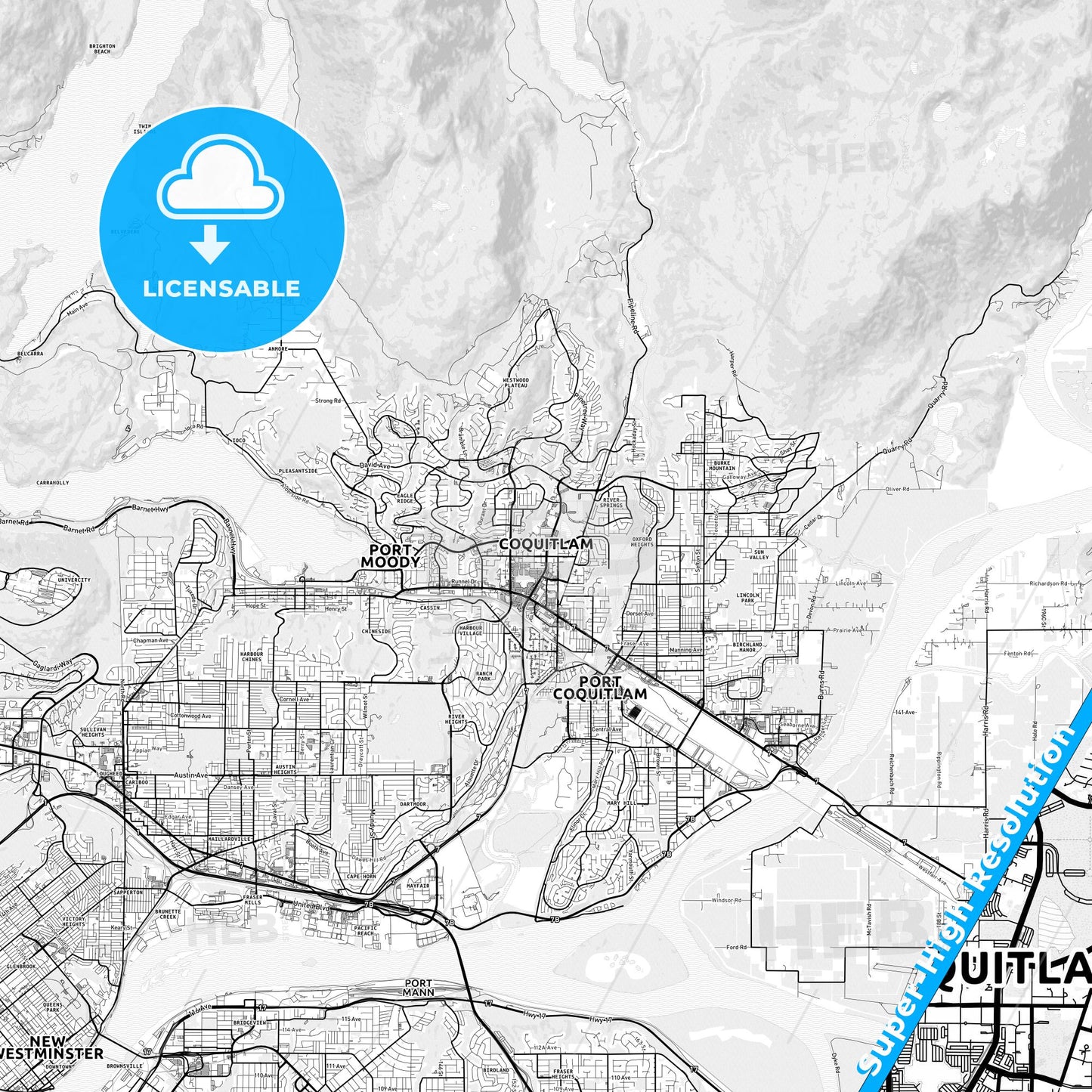 Coquitlam, Canada light map with streetnames, citynames and districts