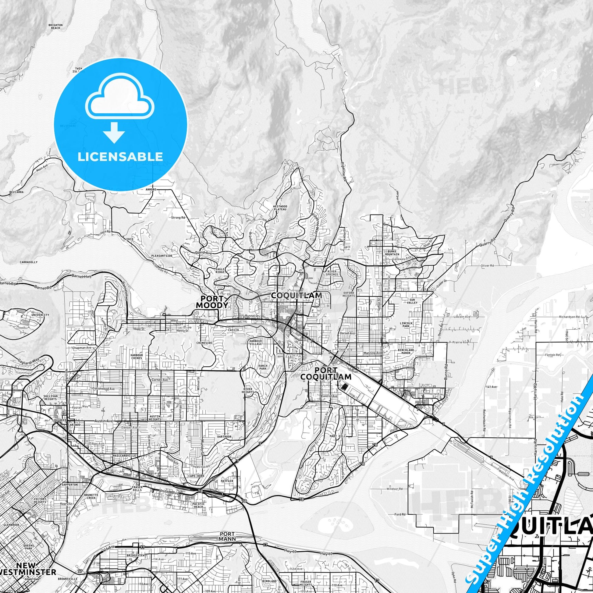Coquitlam, Canada light map with streetnames, citynames and districts