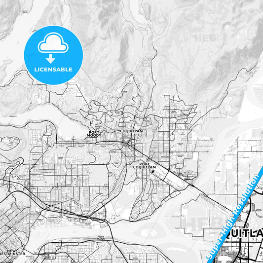 Coquitlam, Canada light map with streetnames, citynames and districts