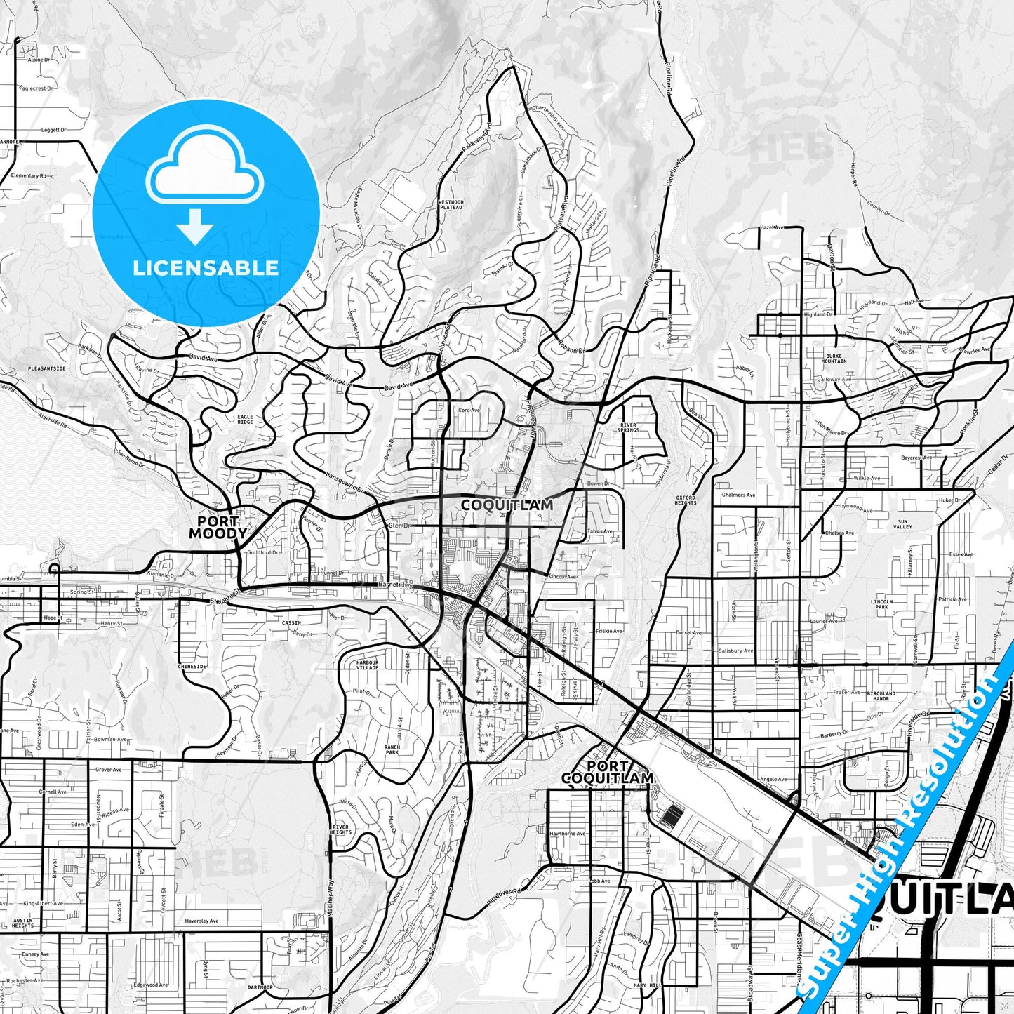 Coquitlam, Canada Light Map with Street Names, City Names, and Districts