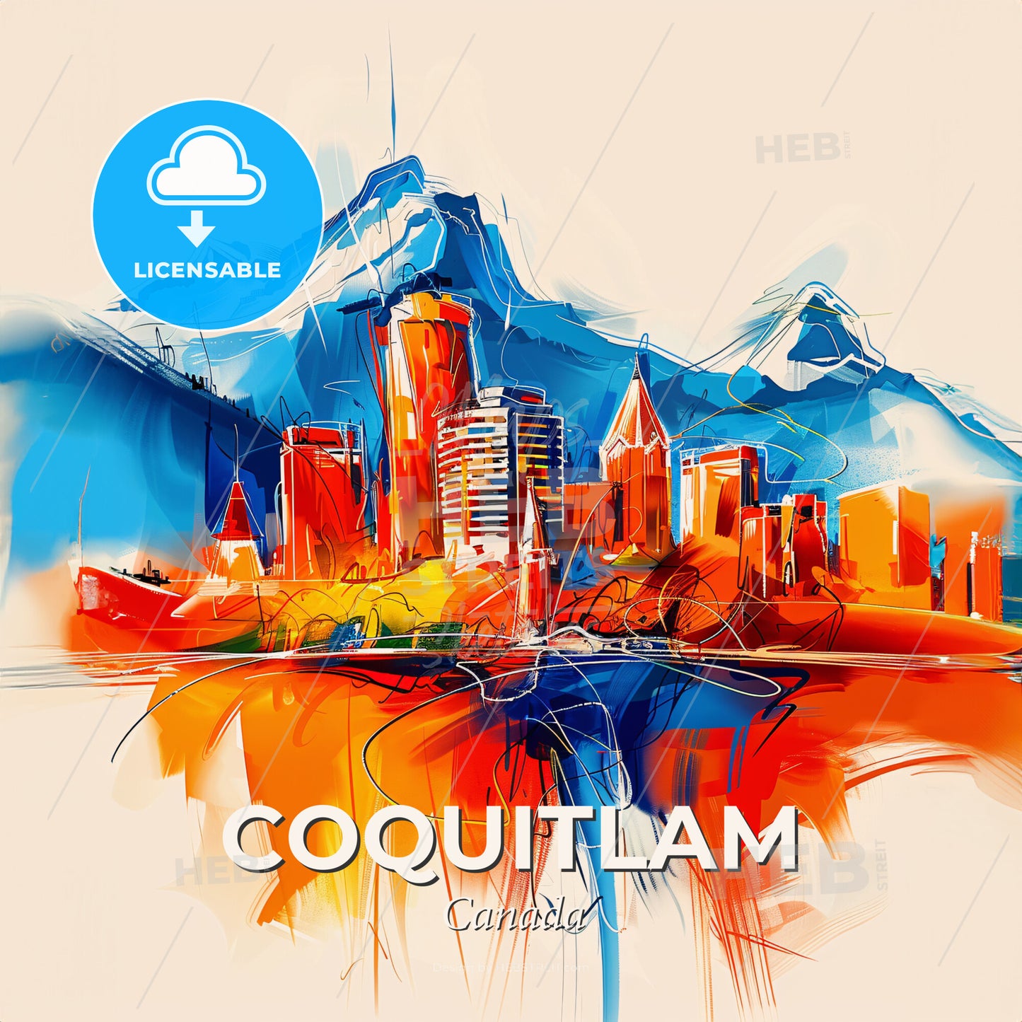 Vibrant Coquitlam, Canada - A Colorful Cityscape With Mountains In The Background - Square format print template