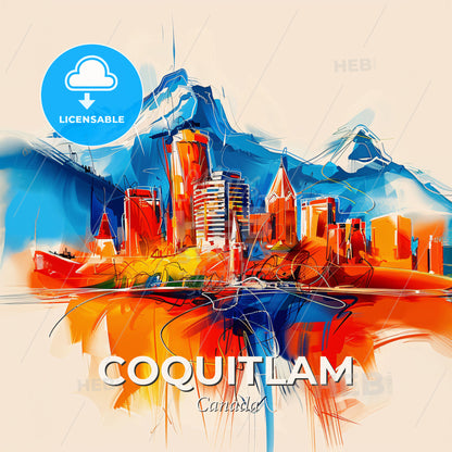 Vibrant Coquitlam, Canada - A Colorful Cityscape With Mountains In The Background - Square format print template