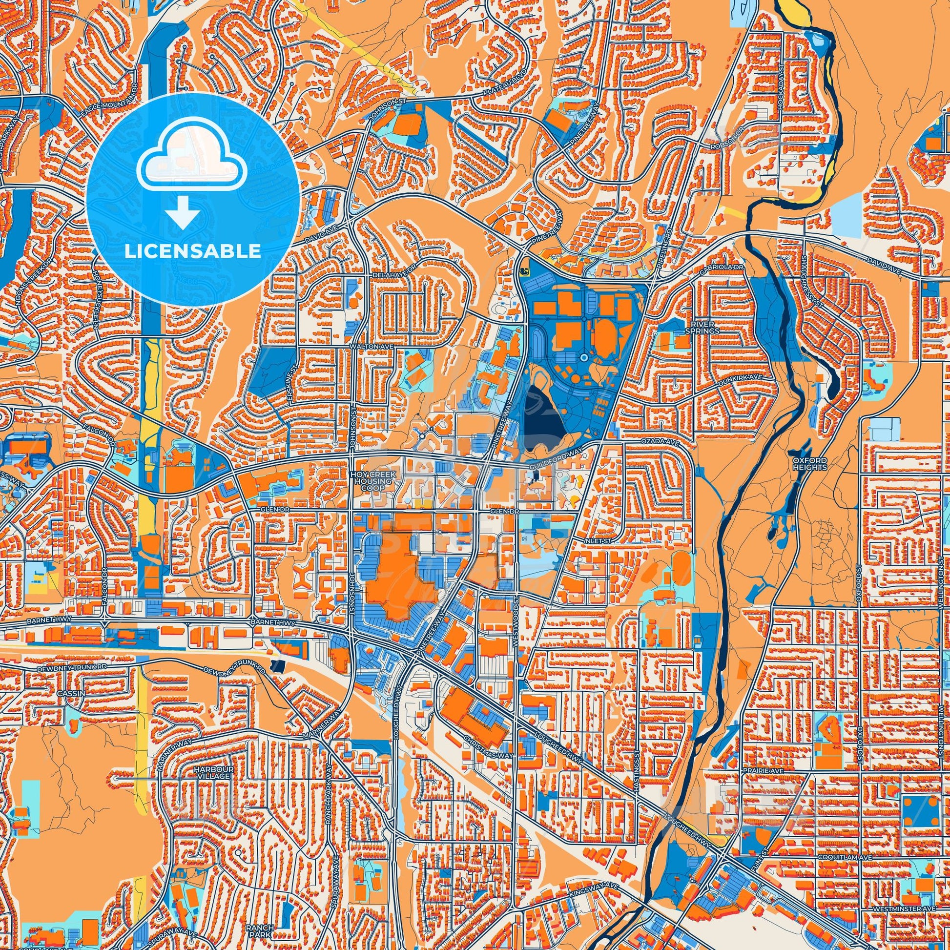 Colorful Coquitlam Street Map with Labels and Buildings