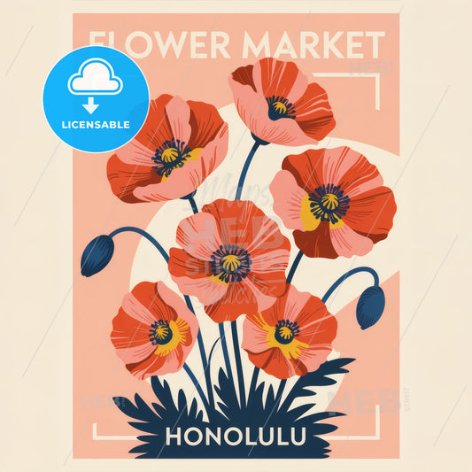 Coral Poppy Elegance: Modern Botanical Art Print with Flower Market Charm