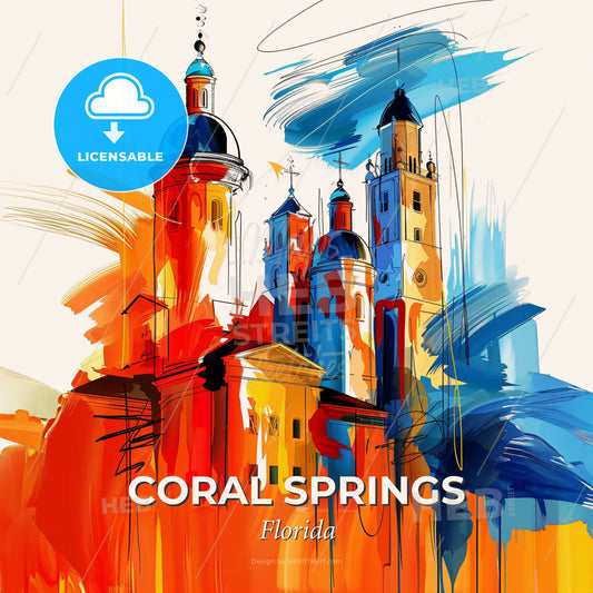 Vibrant Coral Springs, Florida - A Painting Of A Building With Towers - Square format print template