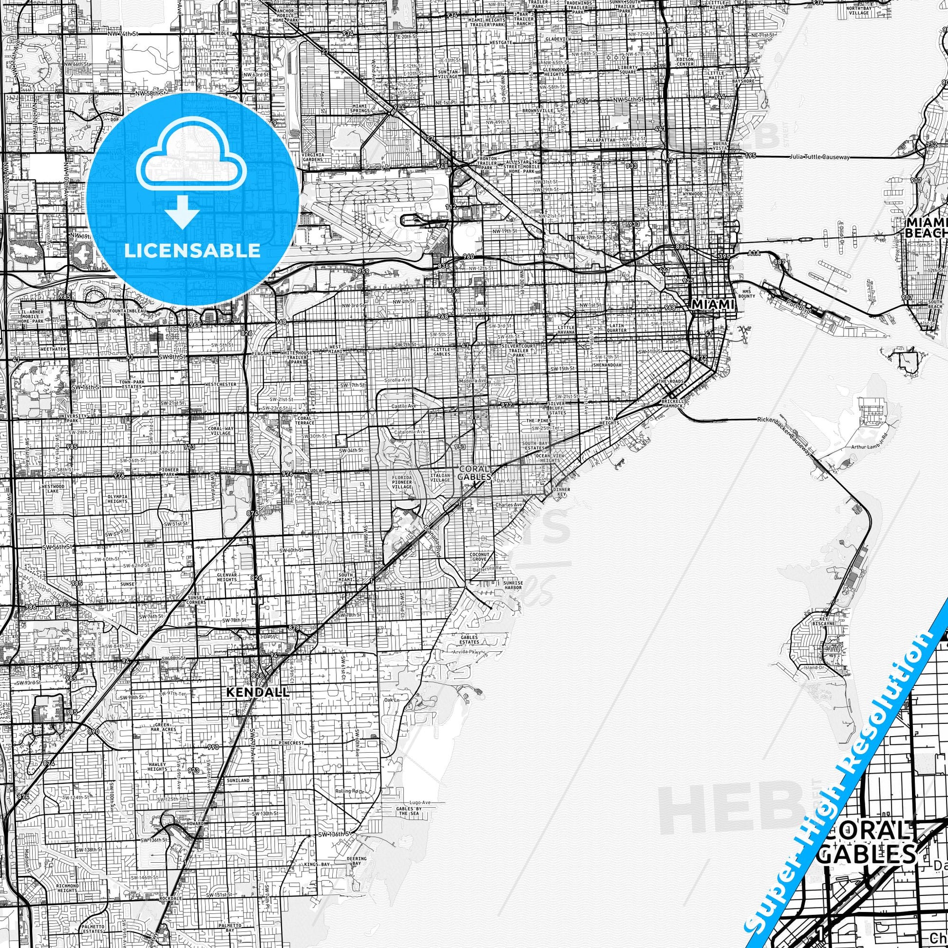 Coral Gables, Florida light map with streetnames, citynames and districts