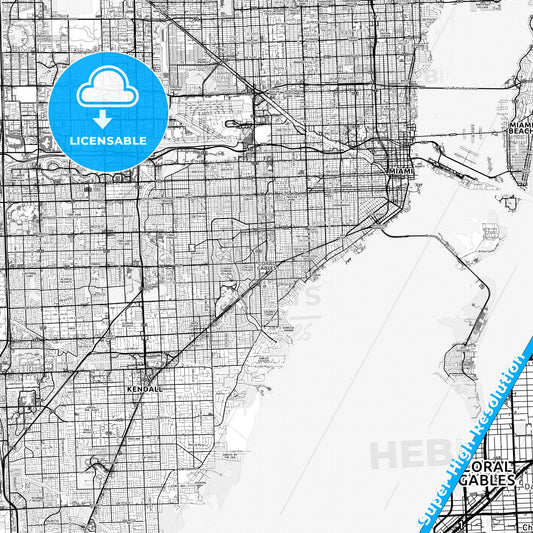 Coral Gables, Florida light map with streetnames, citynames and districts