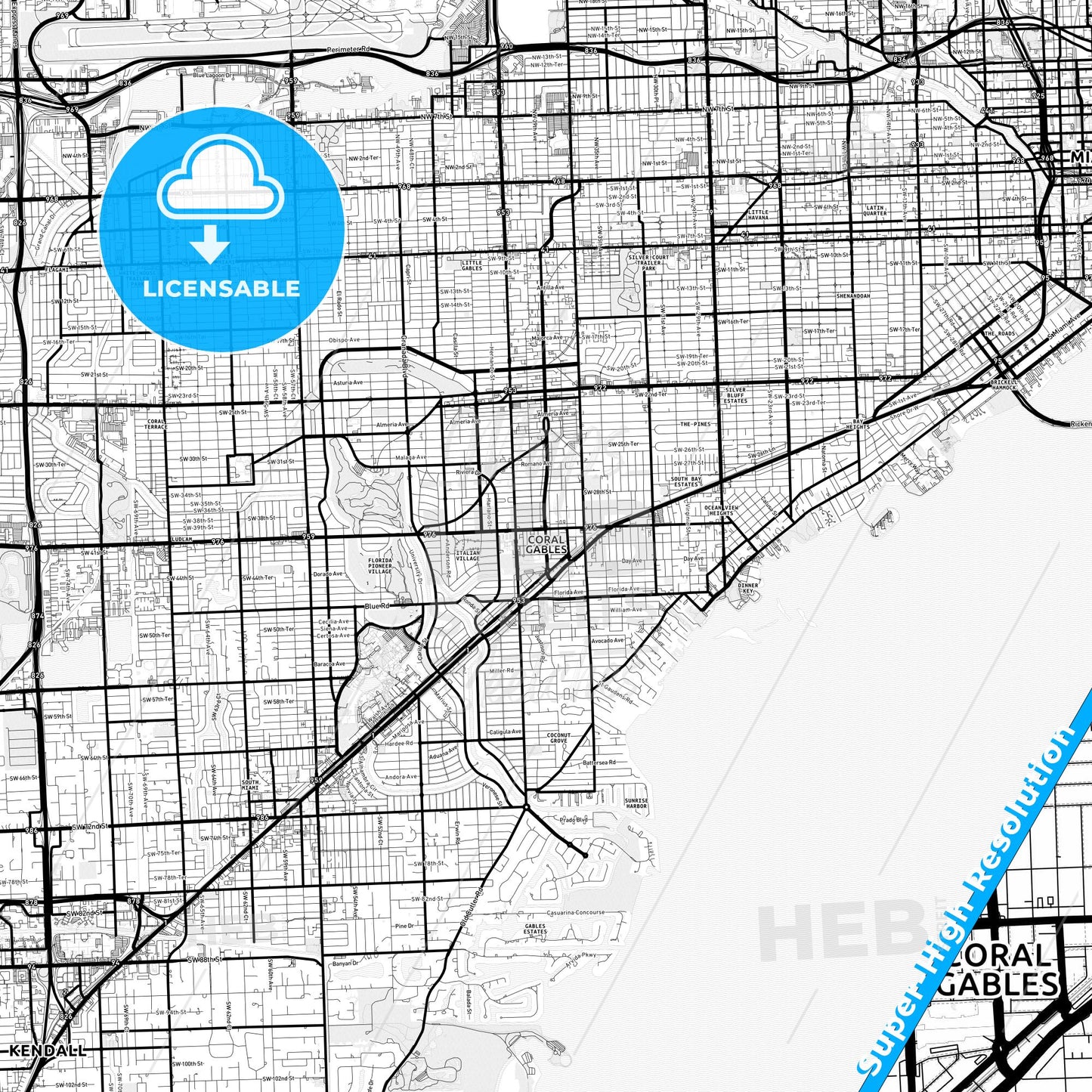 Coral Gables, Florida Light Map with Street Names, City Names, and Districts