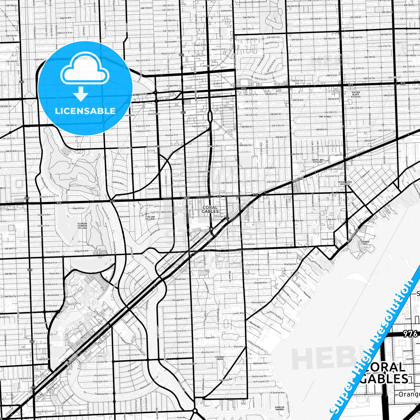 Coral Gables, Florida Light Map with Street Names, City Names, and Districts