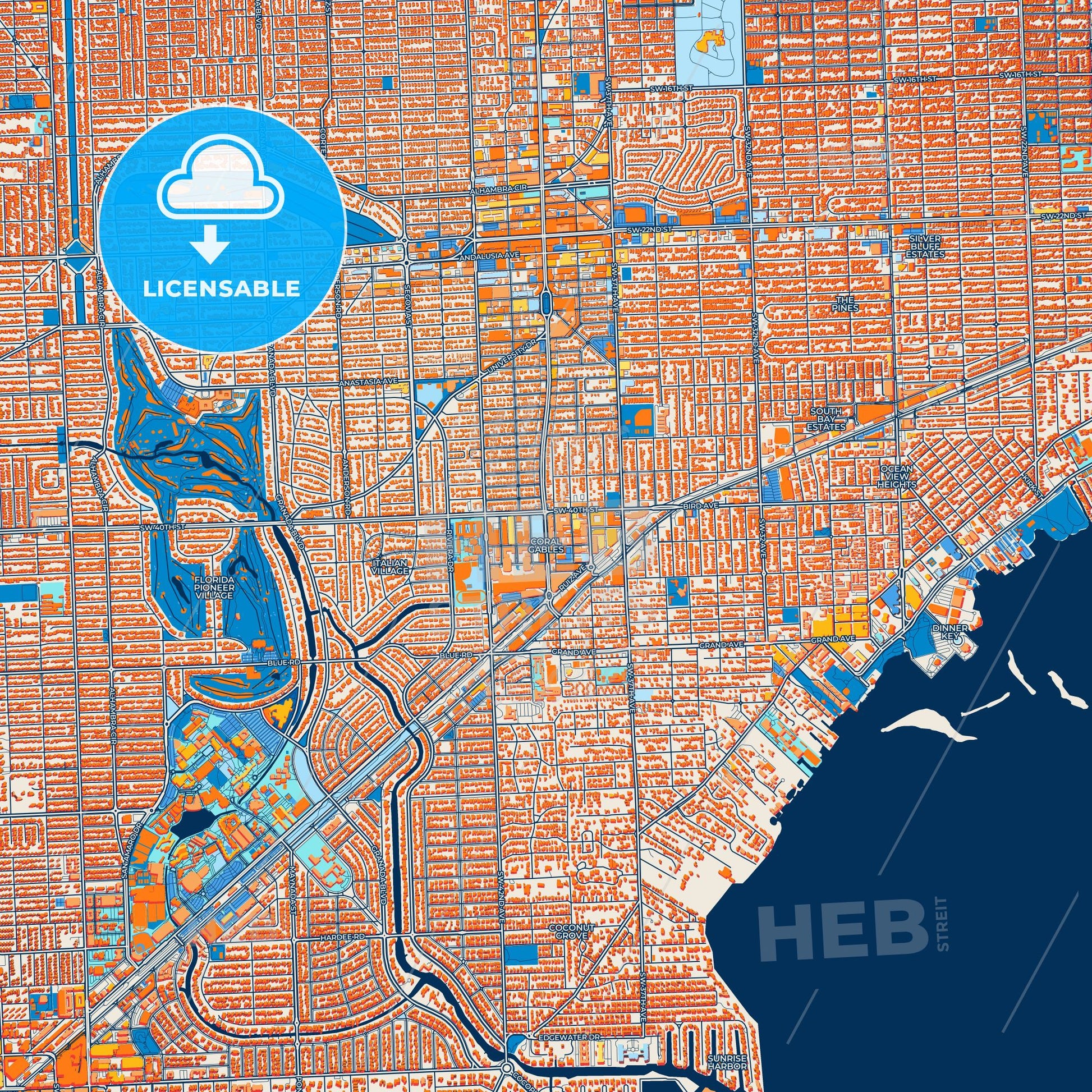 Colorful Coral Gables Street Map with Labels and Buildings