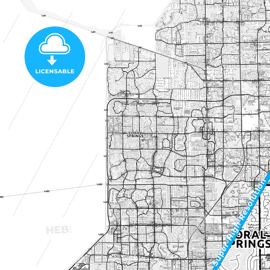 Coral Springs, Florida light map with streetnames, citynames and districts