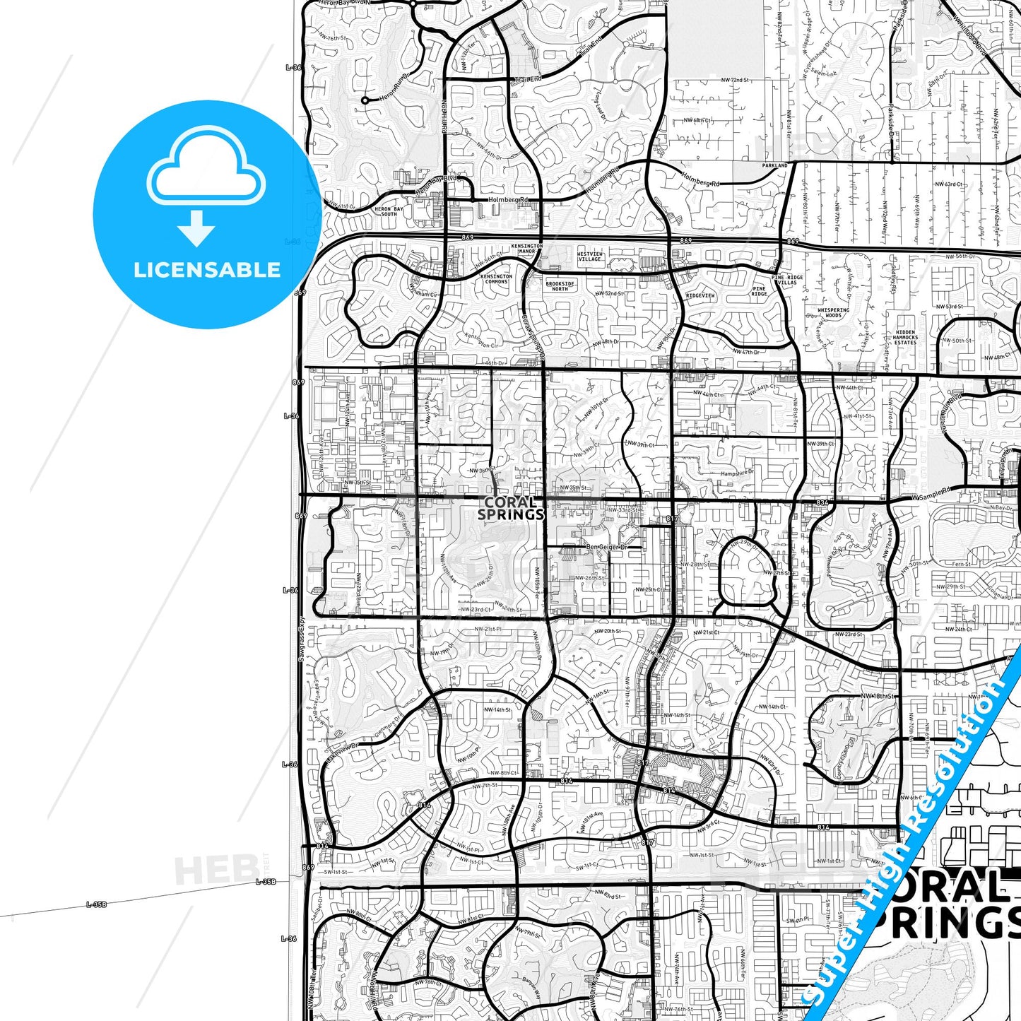 Coral Springs, Florida Light Map with Street Names, City Names, and Districts