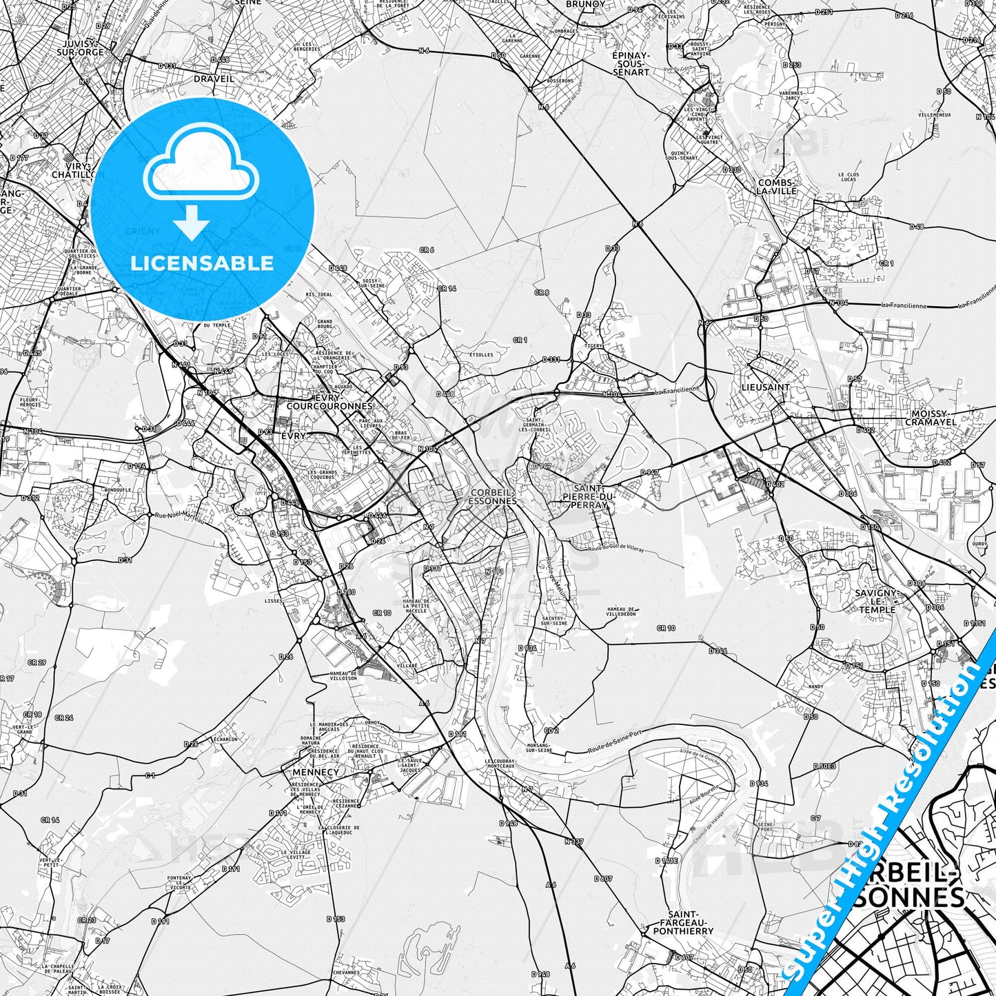 Corbeil-Essonnes, France light map with streetnames, citynames and districts