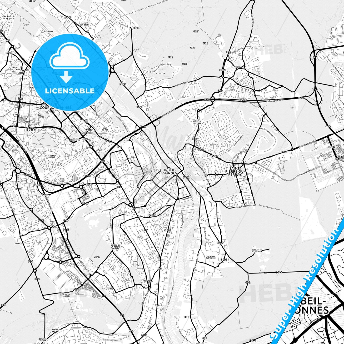 Corbeil-Essonnes, France Light Map with Street Names, City Names, and Districts