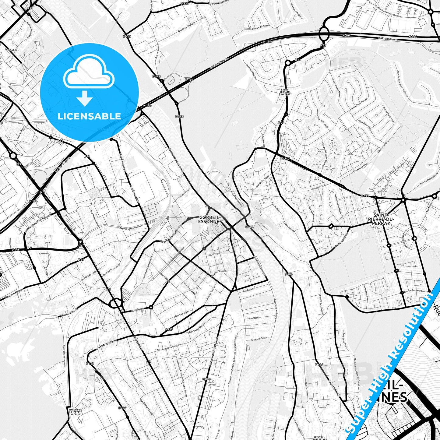 Corbeil-Essonnes, France Light Map with Street Names, City Names, and Districts