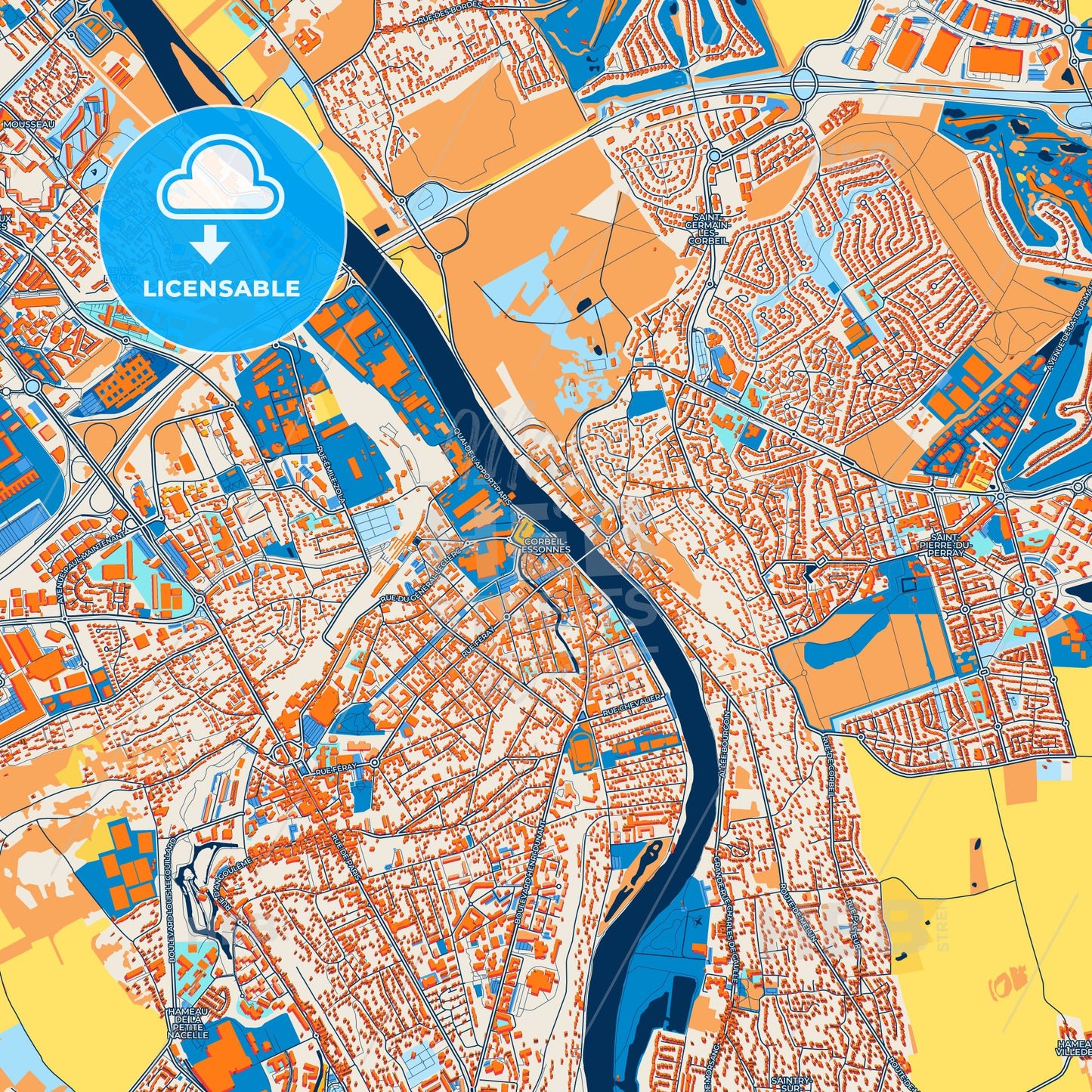Colorful Corbeil-Essonnes Street Map with Labels and Buildings