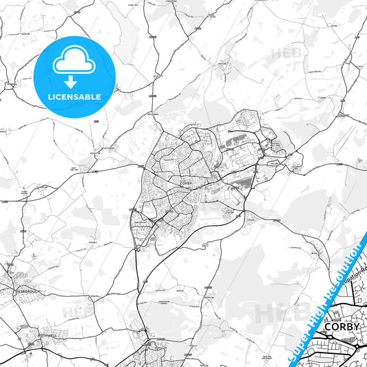 Corby, England light map with streetnames, citynames and districts