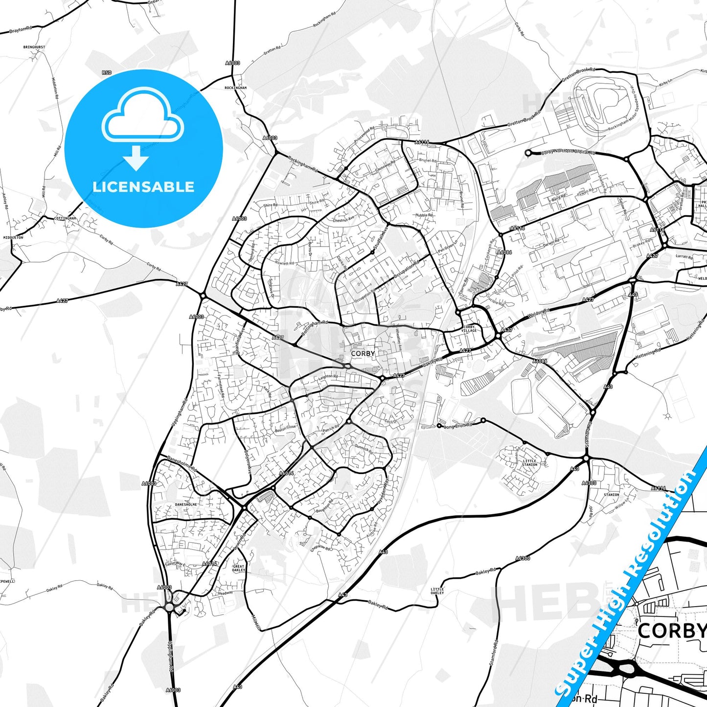 Corby, England Light Map with Street Names, City Names, and Districts