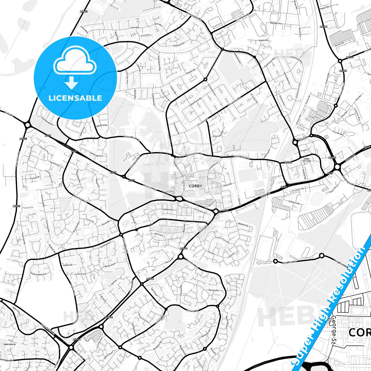 Corby, England Light Map with Street Names, City Names, and Districts