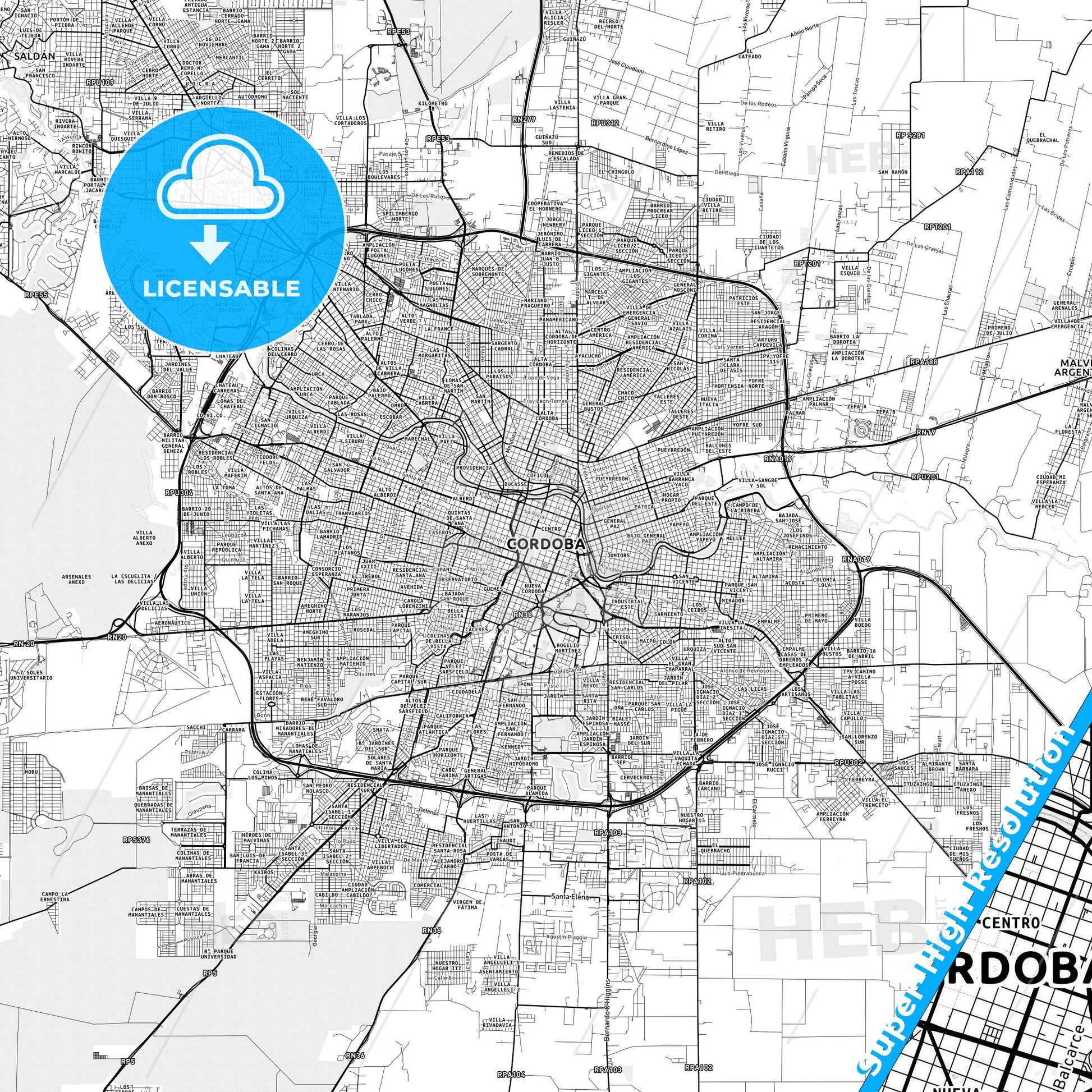 Cordoba, Argentina light map with streetnames, citynames and districts