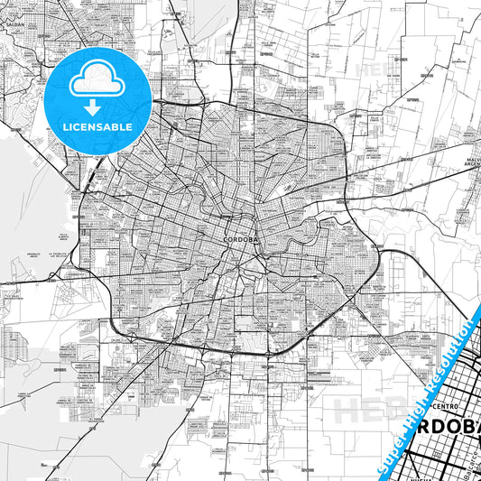 Cordoba, Argentina light map with streetnames, citynames and districts