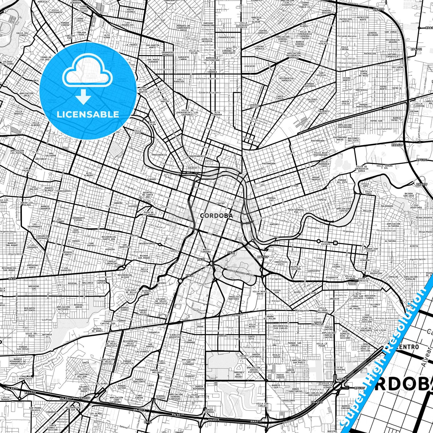 Cordoba, Argentina Light Map with Street Names, City Names, and Districts