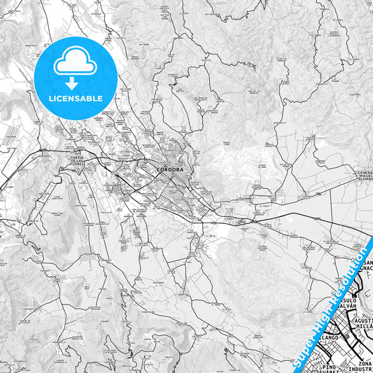 Córdoba, Mexico light map with streetnames, citynames and districts