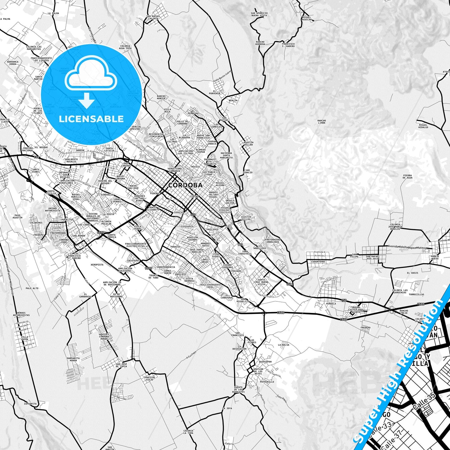 Córdoba, Mexico Light Map with Street Names, City Names, and Districts
