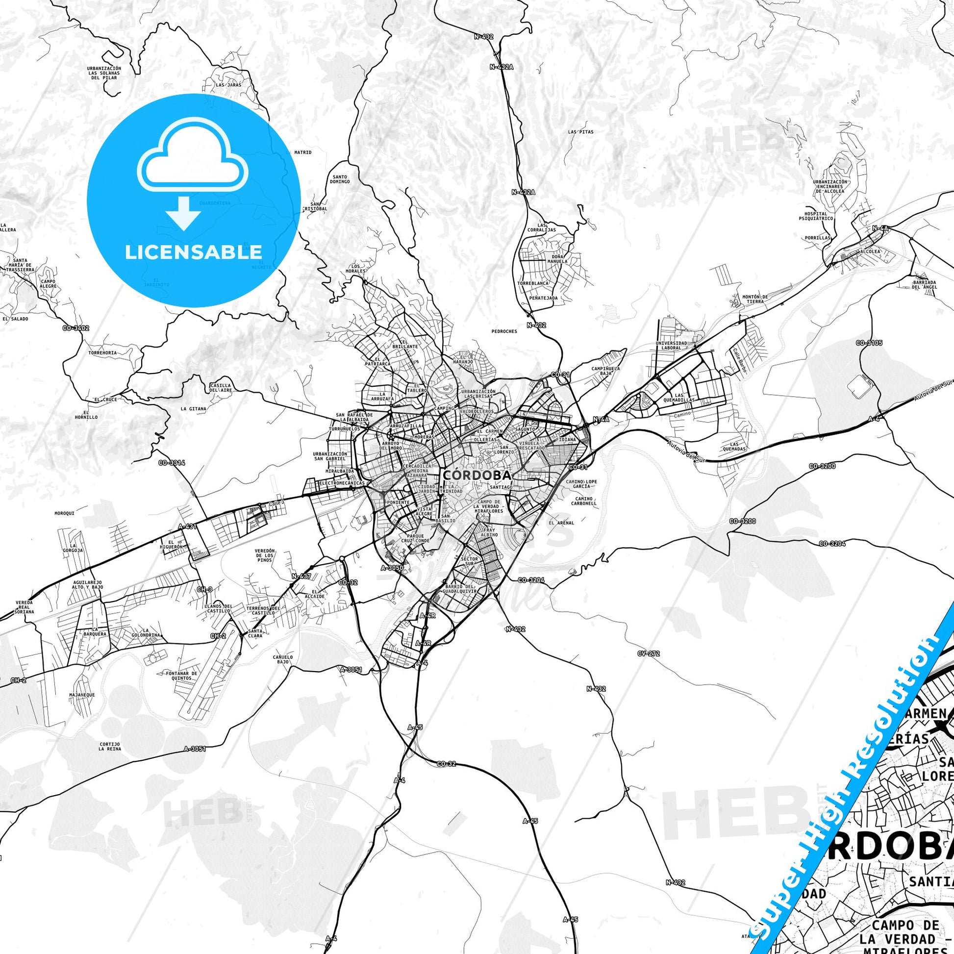 Córdoba, Spain light map with streetnames, citynames and districts