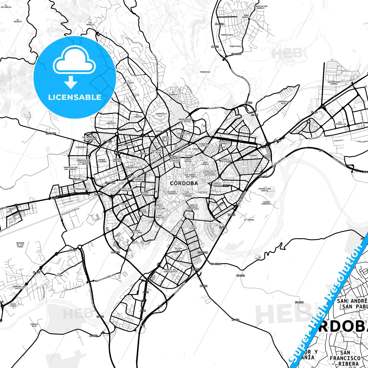 Córdoba, Spain Light Map with Street Names, City Names, and Districts